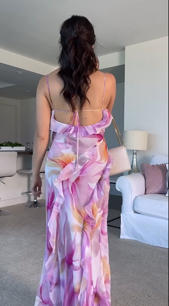 Beautiful Chiffon Print Floral Ruffles Evening Dress,Slit Long Prom Party Gown