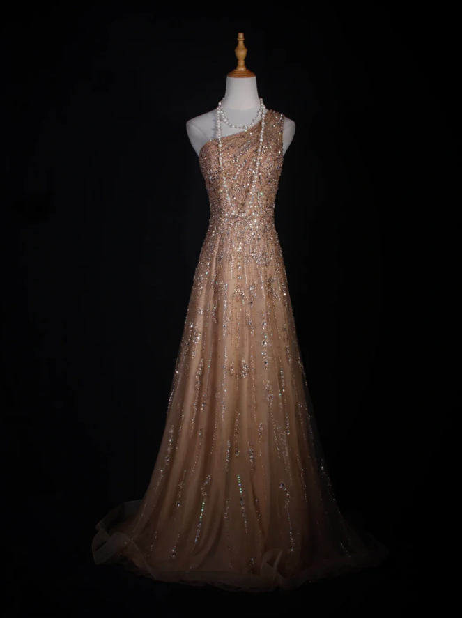Luxury Champagne One Shoulder Tulle Sequin Beaded Mermaid Long Evening Dress 18th Birthday Outfits