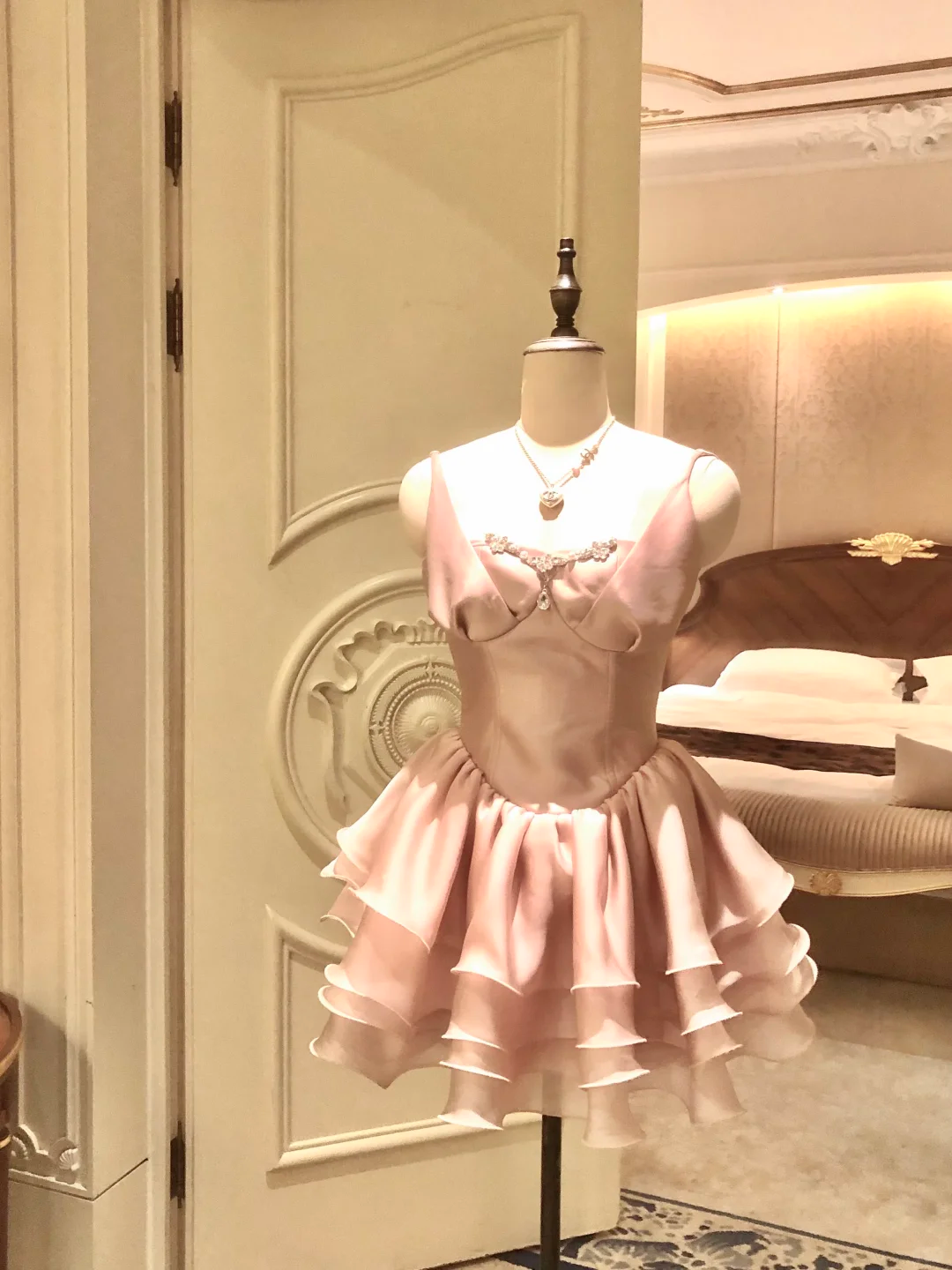 Pretty Pink Satin Beaded Layered A Line Short 16th Birthday Outfits Formal Homecoming Dress