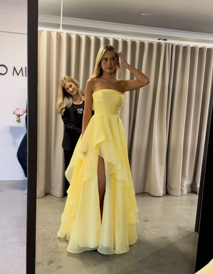 Classy Strapless Yellow Satin Tulle Slit Long Prom Dress Formal Birthday Party Dress