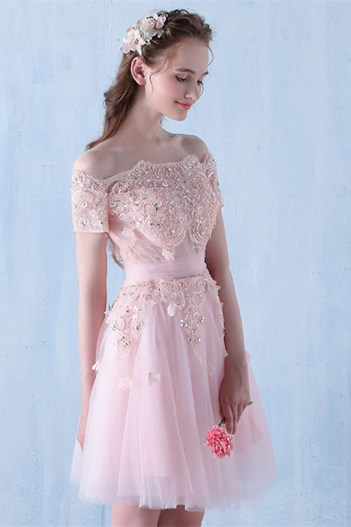 Pink Off the Shoulder Tulle Short Prom Dress with Beading, A Line Homecoming Dress