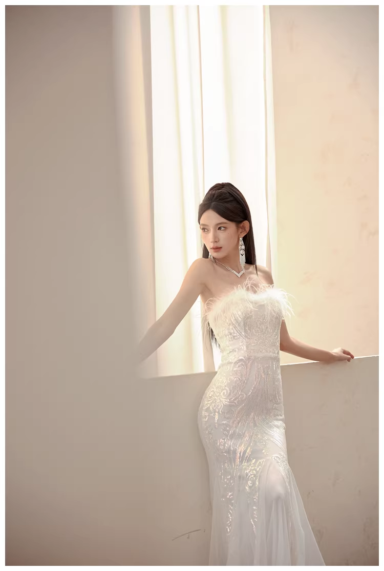 Classy Feathers Strapless White Tulle Sequin Mermaid Long Evening Dress Prom Dresses
