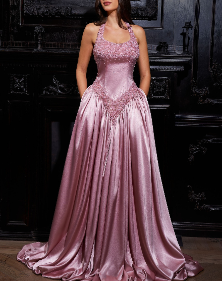 Gorgeous Halter Satin Beaded Long Evening Dress Birthday Party Dress