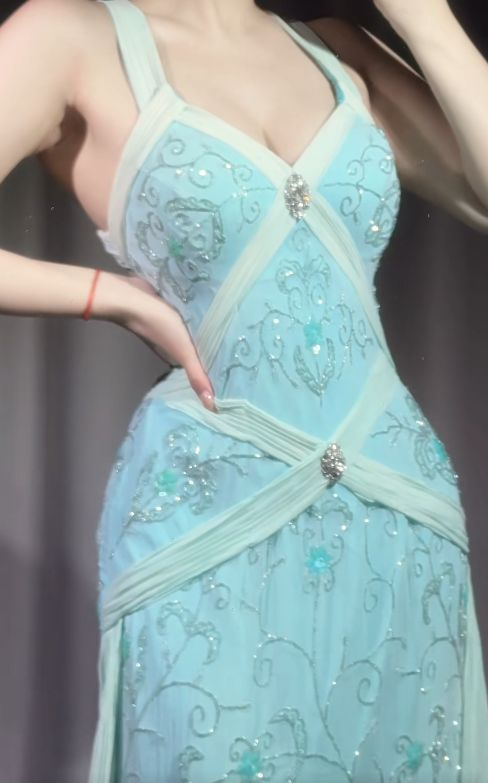 Classy Light Blue V Neck Chiffon Beaded Mermaid Long Party Dress Backless Evening Gown
