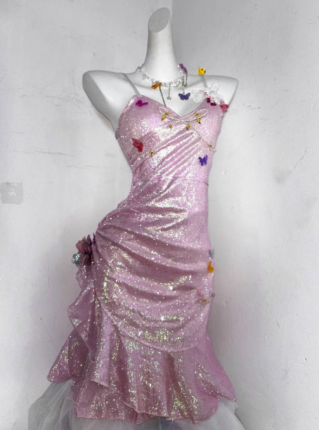 Sparkly Light Pink Butterfly Sequin Ruffles 8th Grade Homecoming Dress 18th Birthday Dress