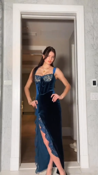 Classy Blue Velvet Lace Ruffles High Slit Long Party Dress Formal Wedding Guest Dress