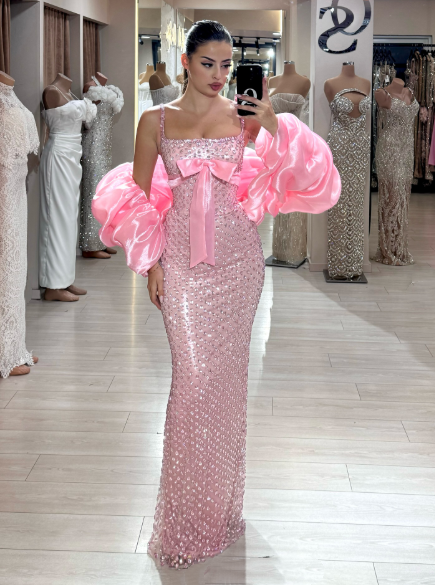 Gorgeous Spaghetti Straps Pink Sequin Beaded Mermaid Evening Dress Long Party Dress