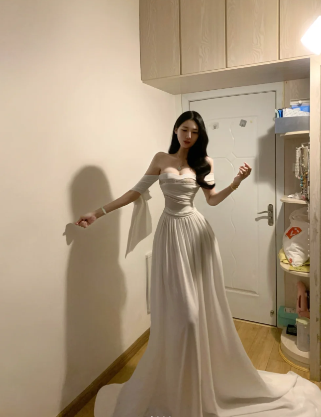 Glamorous Off The Shoulder White Chiffon Long Party Dress Wedding Guest Dress