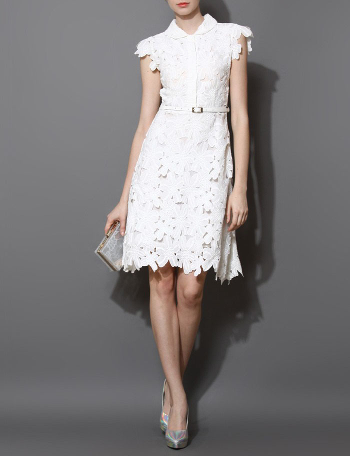 Full flower cut off midi dress women White Lace Midi Mid-Length Night Out Homecoming Dress
