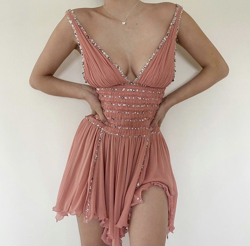 Elegant Rose Pink V Neck Chiffon Sequin Short Homecoming Dress Cocktail Dress