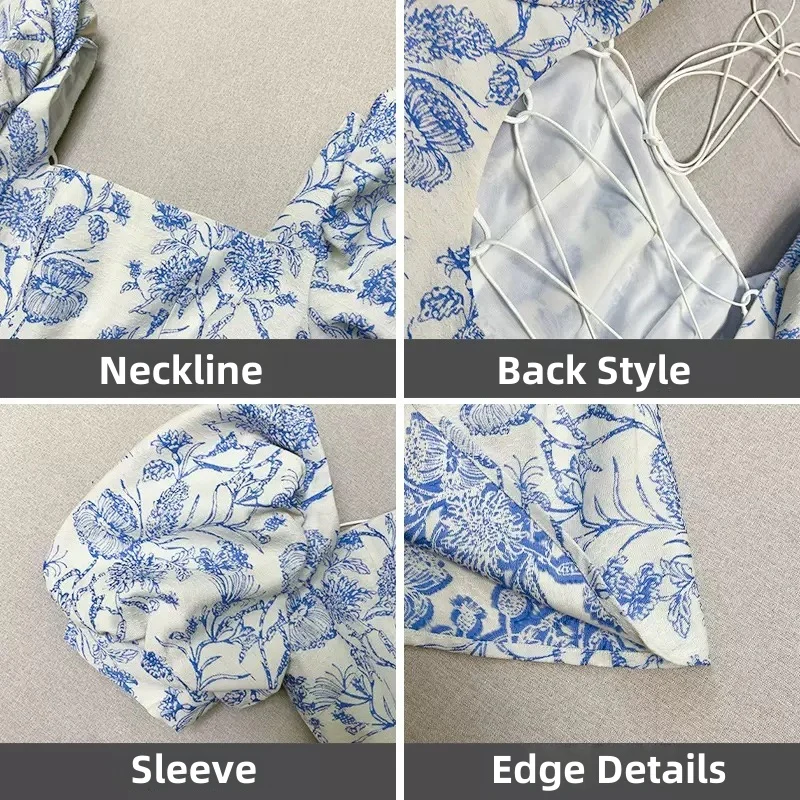 Chic Blue Satin Print Floral A Line Short Prom Dress Homecoming Dress