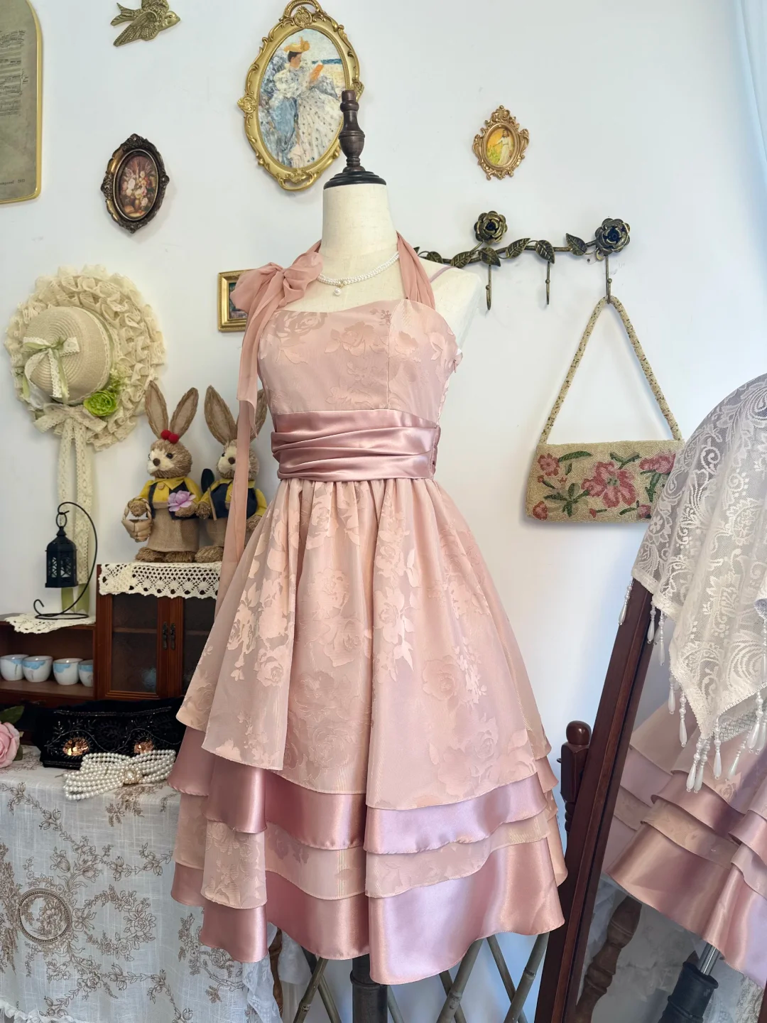Classy Pink Halter Satin Print Floral Layered A Line Short Graduation Homecoming Dress Birthday Outfits