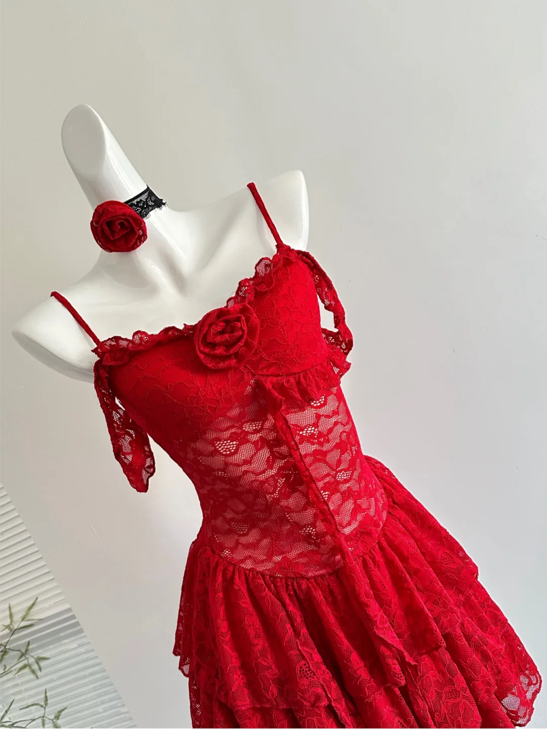 Stylish Red Lace Layered Homecoming Dress Spaghetti Strap Cocktail Dress Party Dress