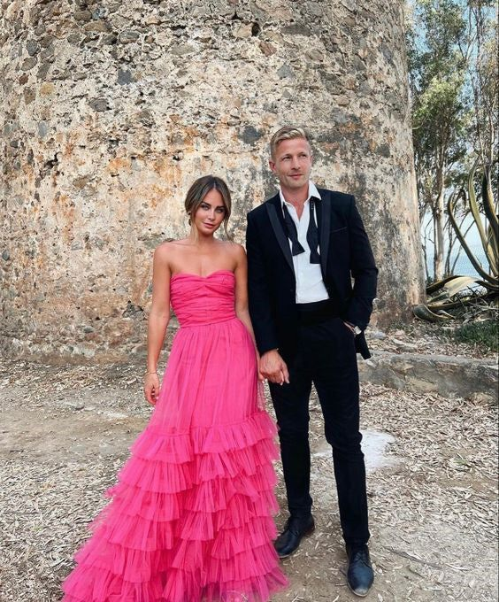 Sweetheart A-line Hot Pink Straps Long Evening Prom Dresses, Custom Prom Dress