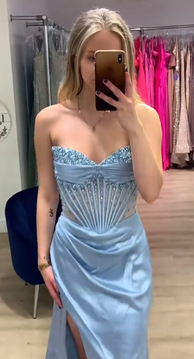 Classy Strapless Blue Satin Beaded Slit Mermaid Party Dress Long Prom Dress