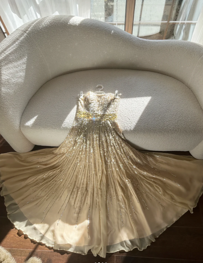 Sparkly Champagne Strapless Chiffon Sequin Beaded Mermaid Evening Dress Long Birthday Party Dress