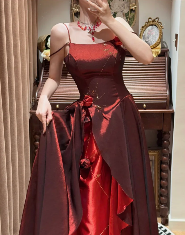 Vintage Spaghetti Straps Satin Beaded A Line Long Wedding Guest Dress Burgundy Birthday Party Dress With 3D Flowers