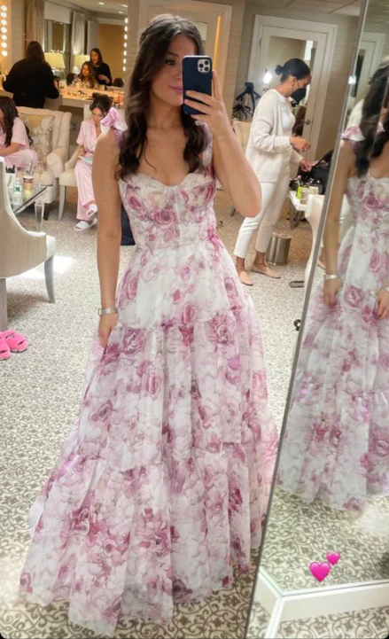Classy Rose Print Floral Chiffon A Line Prom Evening Dress,Long Party Gown