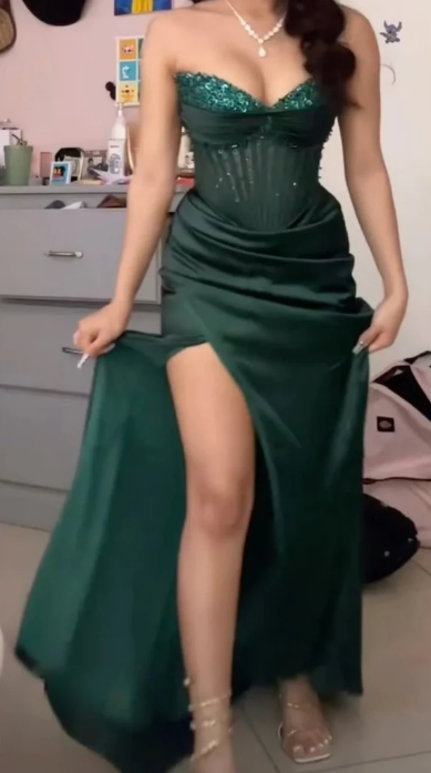 Vintage Green Strapless Sequins Satin Slit Evening Dress,Mermaid Party Prom Dress