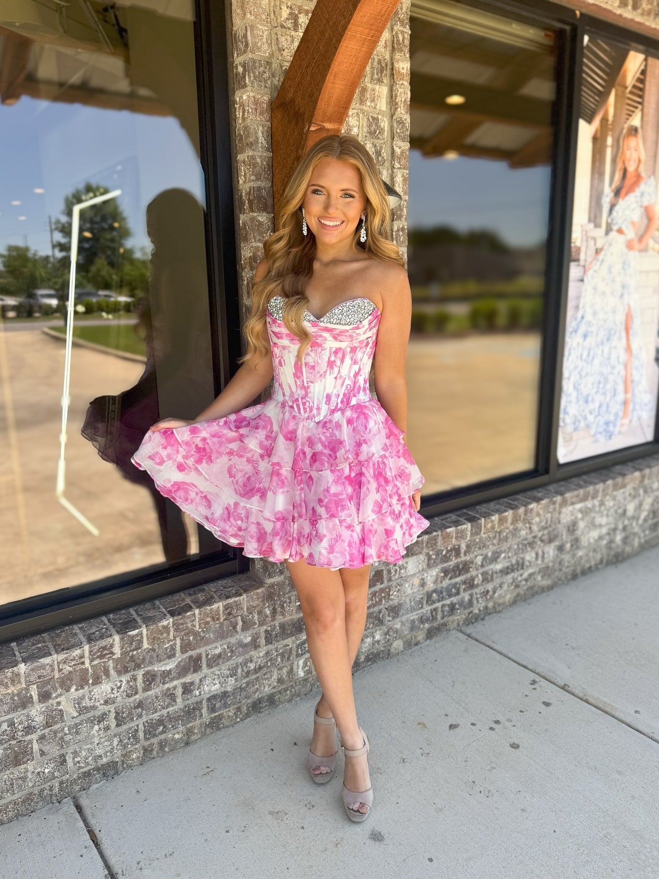 Cute A Line Sweetheart Pink Floral Printed Short Homecoming Dress with Ruffles