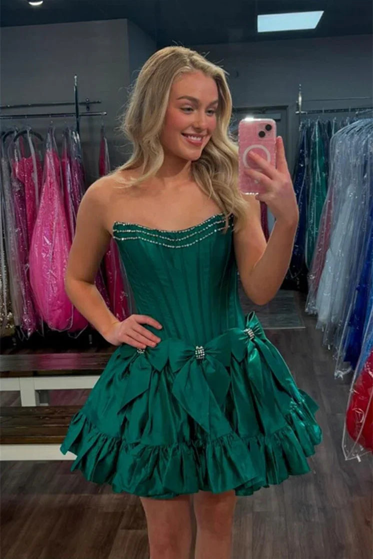 Princess A Line Strapless Red Corset Homecoming Dress with Bowknot