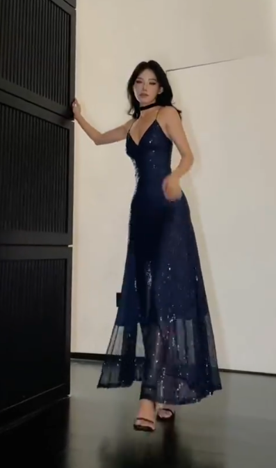 Sparkly Navy Blue Sequin Slit A Line Evening Dress Formal Long Prom Dress
