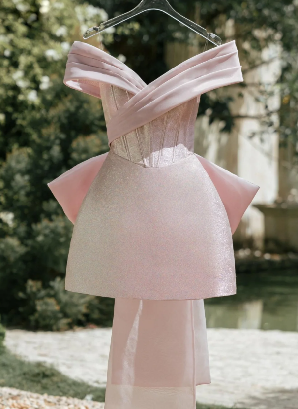 Cute Pink Off The Shoulder Short Birthday Outfits Homecoming Dress With Bow