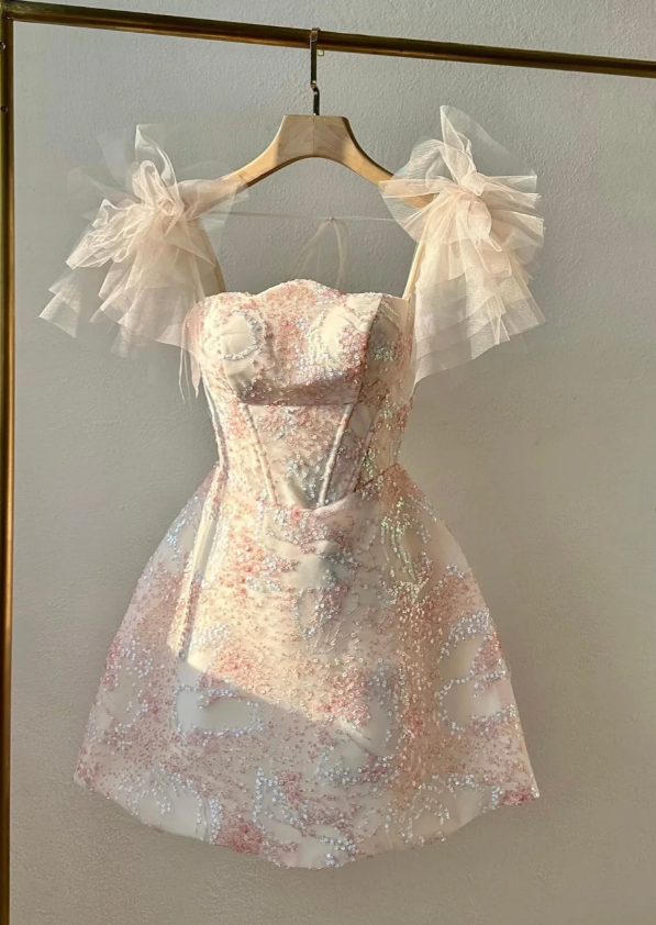 Charming Light Pink Satin Sequin Mini Party Dress Homecoming Dress