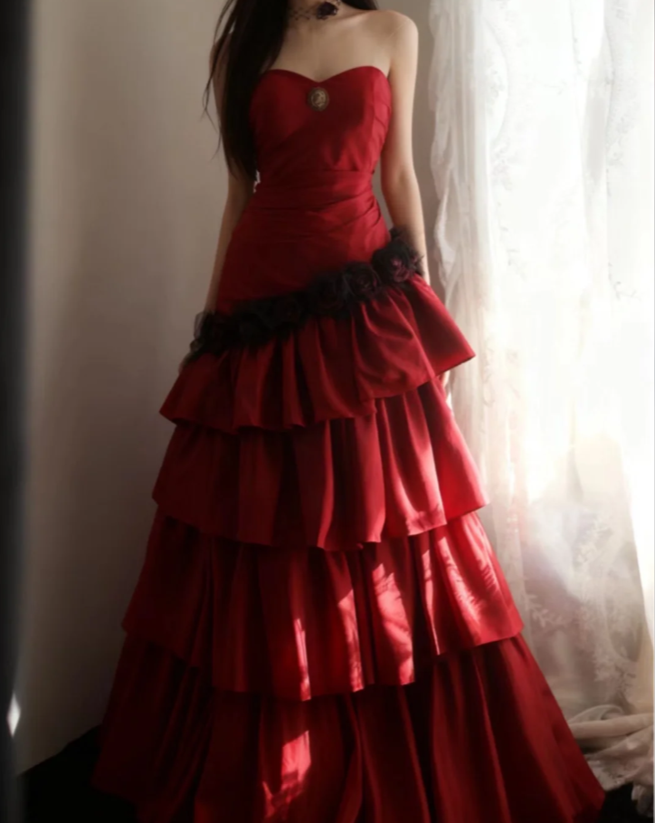 Vintage Red Strapless Satin Layered Mermaid Evening Dress Long Party Dress
