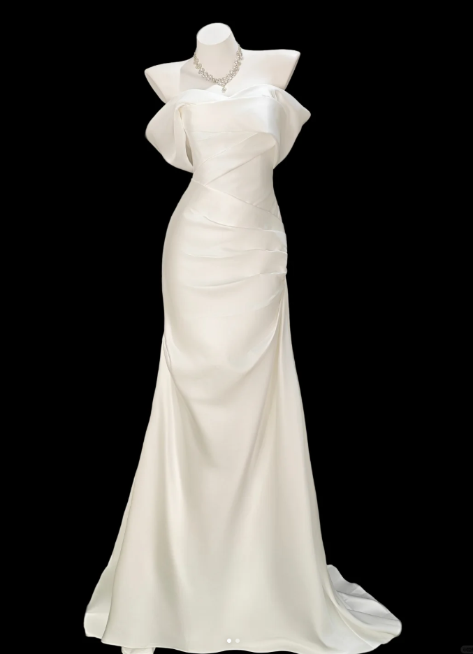 Classy White Satin Pleated Mermaid Long Evening Dress Birthday Party Dress