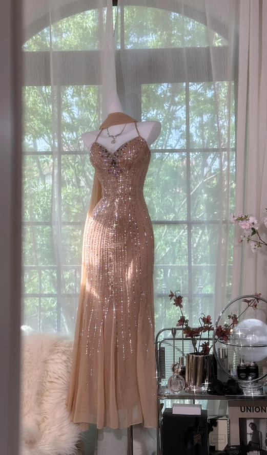 Sparkly Spaghetti Straps Chiffon Sequin Beaded Mermaid Long Party Dress Wedding Guest Dress