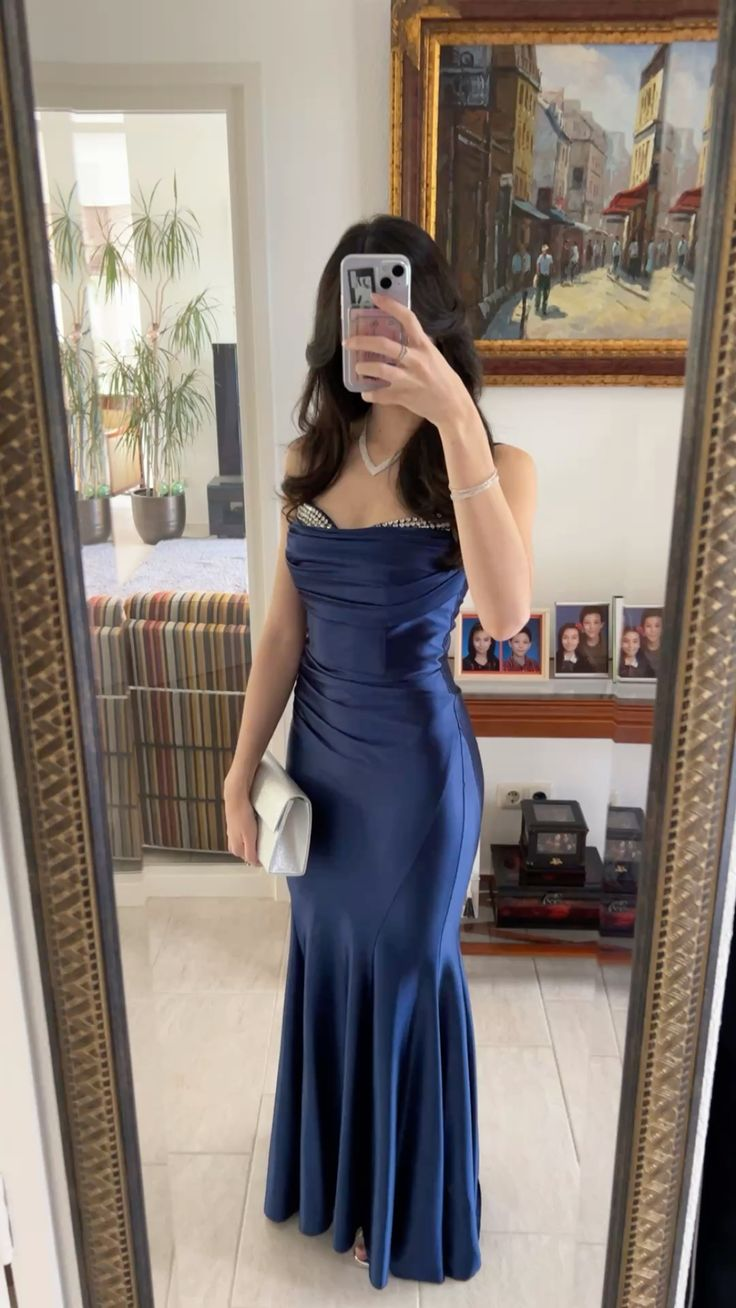 Stylish Spaghetti Straps Navy Blue Satin Beaded Mermaid Party Dress Long Wedding Guest Dress