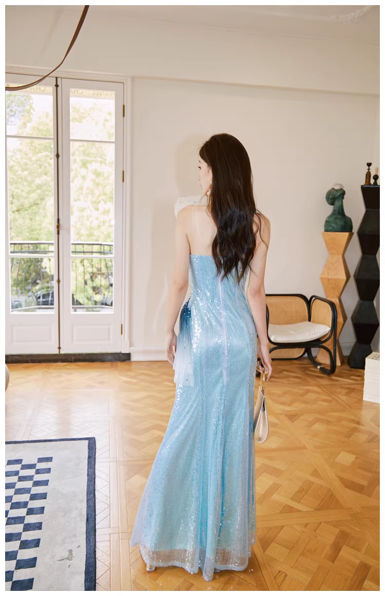 Glamorous Blue Tulle Sequin Mermaid Long Evening Dress Formal 19th Birthday Outfits With Beads