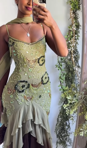 Classy Spaghetti Strap Sage Green Chiffon Beaded Mermaid Evening Dress Long Birthday Party Dress With Scarf