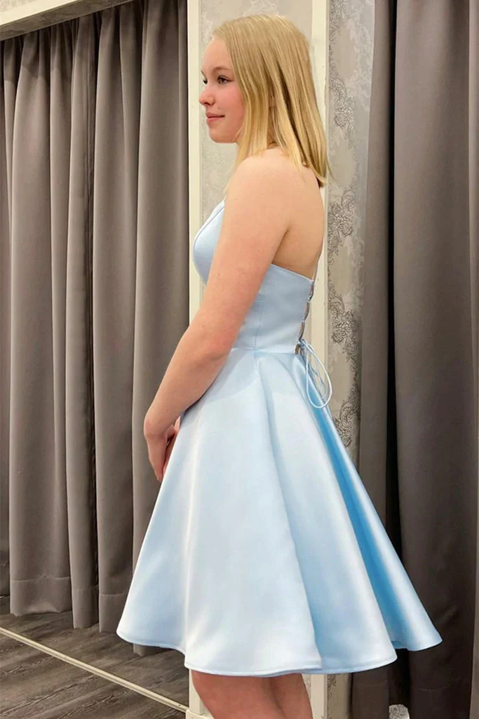 Cute Backless Short Light Blue Satin Homecoming Dress