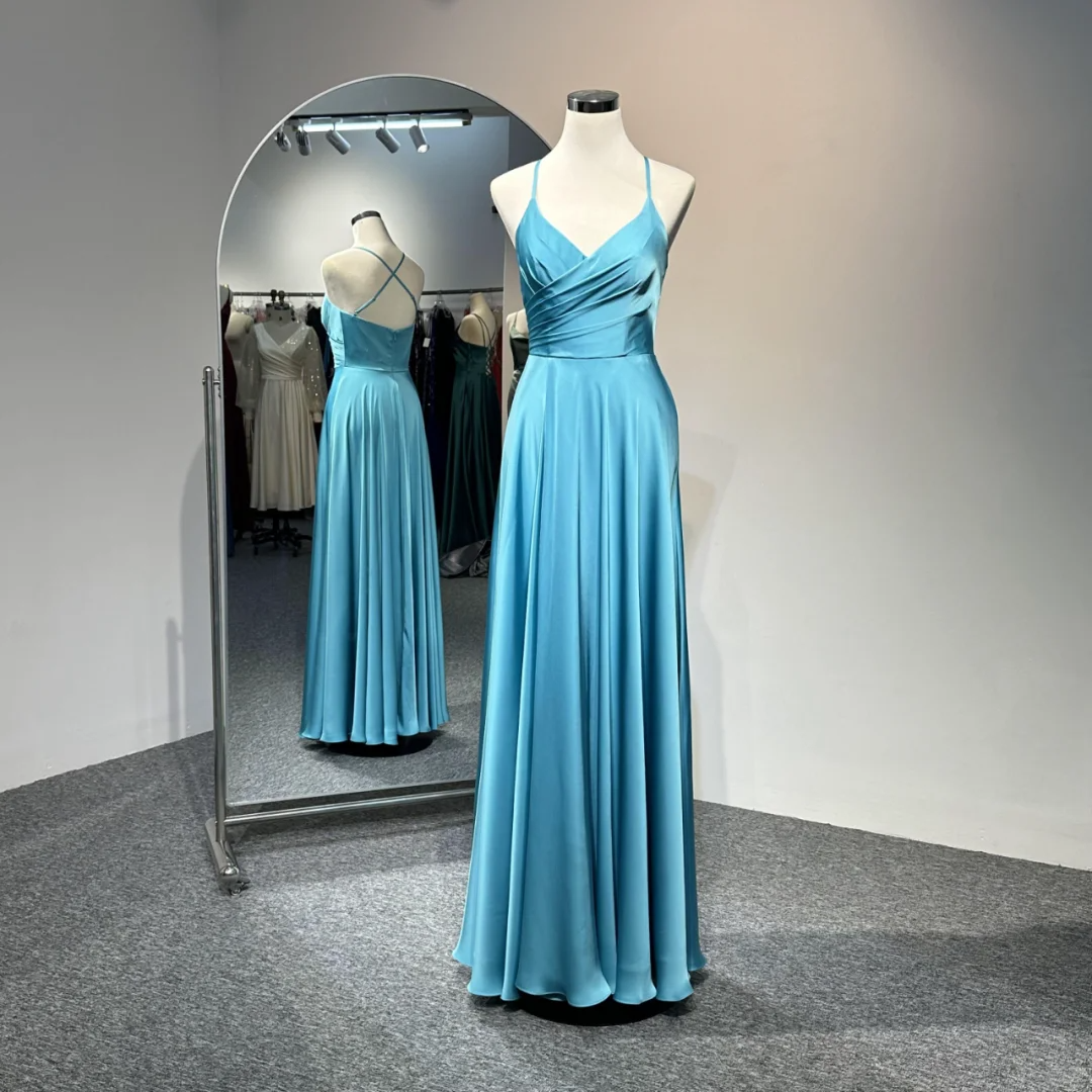 Pretty V Neck Blue A Line Long Wedding Guest Dress Bridesmaid Dress