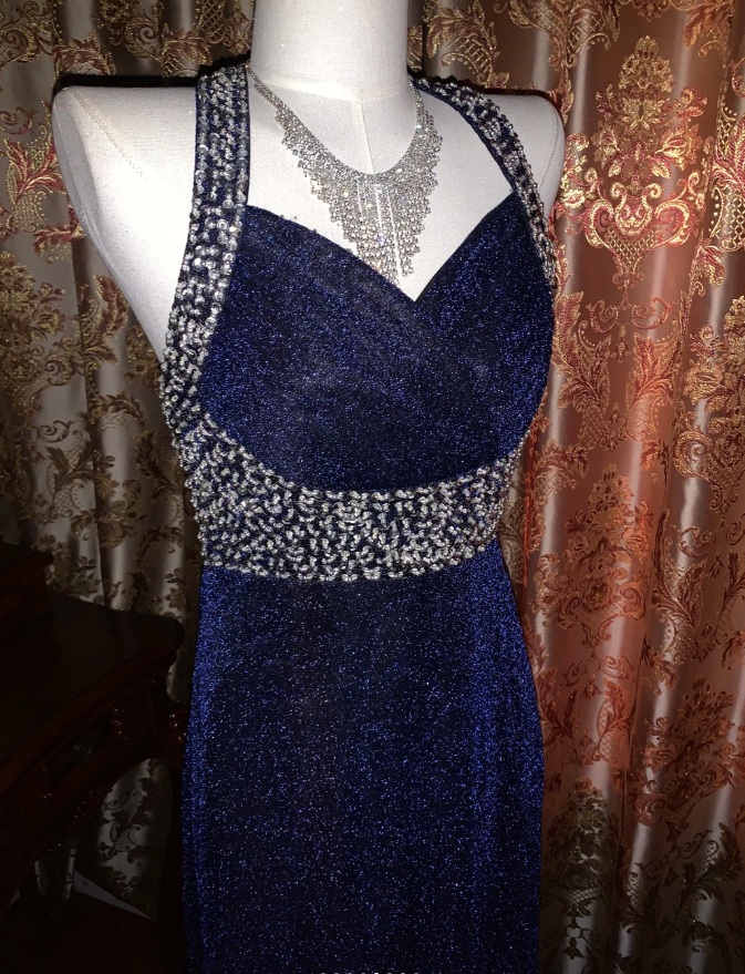 Pretty Halter Navy Blue Sequin Beaded Mermaid Long Evening Dress Birthday Party Dress