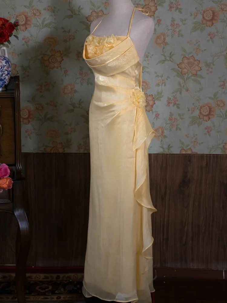 Vintage Halter Neck Floral Prom Dress Fairy Yellow Evening Dress Party Princess Dress