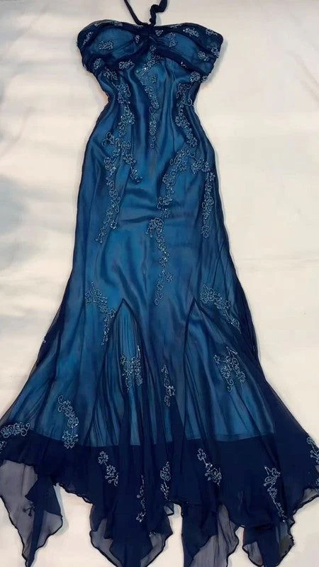 Unique Navy Blue Chiffon Beaded Formal Prom Dress Mermaid Evening Dress
