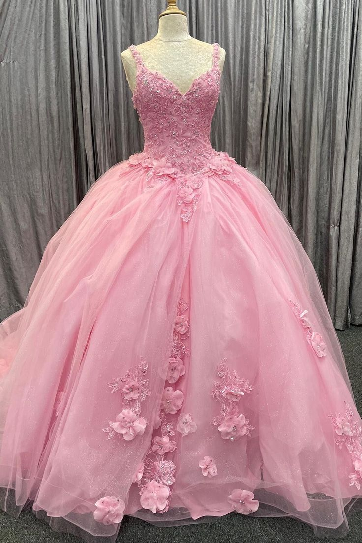 Chic Pink Tulle Floral Appliques Quinceanera Dress Two-Wear Ball Gown
