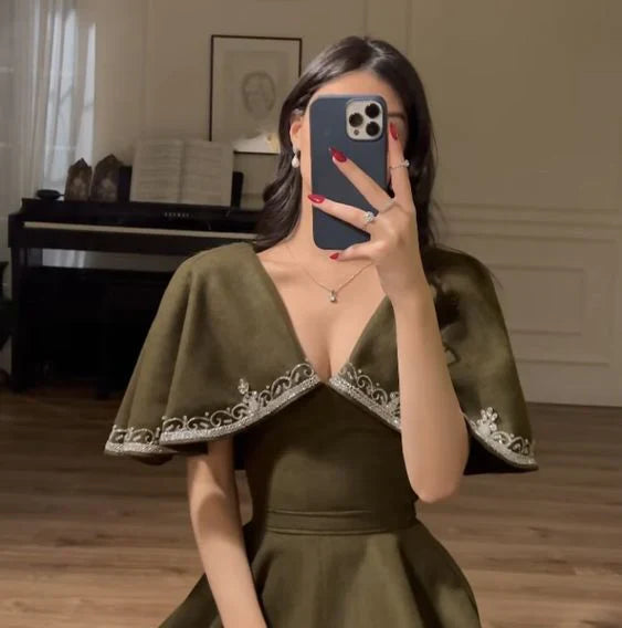 Retro Style V Neck Long Prom Dress,Winter Dance Dress
