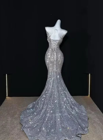 Silver gorgeous shiny fashion long sequin mermaid floor length fishtail dress prom dress, evening dress, party dress