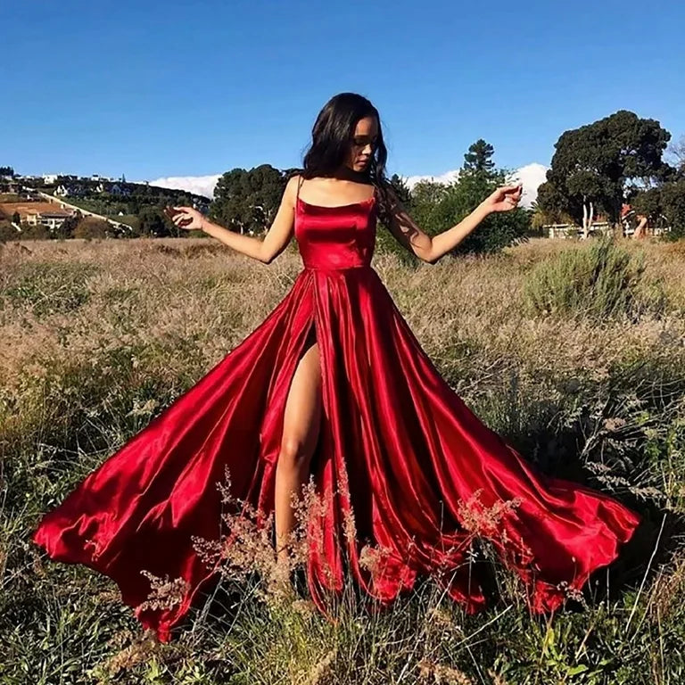 Sexy A Line Spaghetti Straps Red Backless Prom Dresses Long Party Dress
