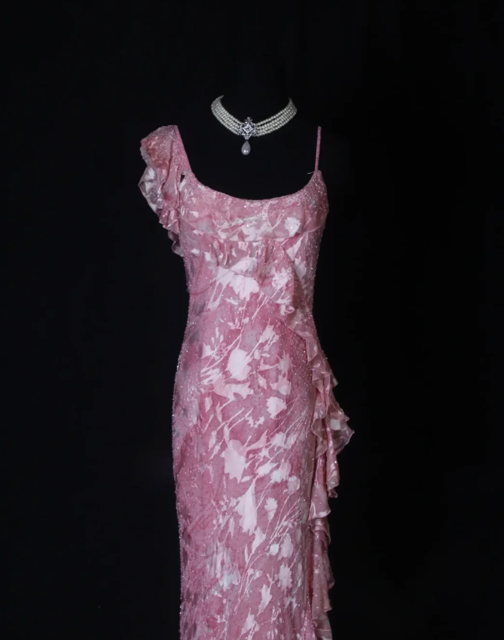 Charming Pink Beaded Chiffon Floral Ruffles Mermaid Long Evening Dress Formal Birthday Dress