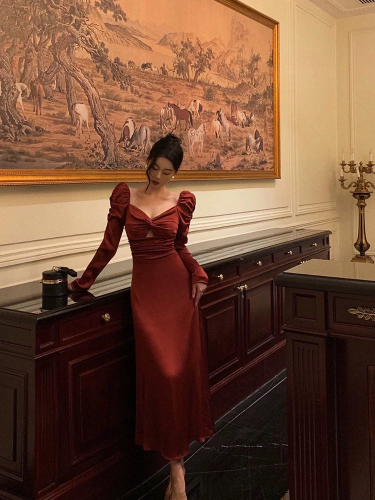 Sexy A line Long Sleeves Red Satin Prom Dresses Birthday Outfits