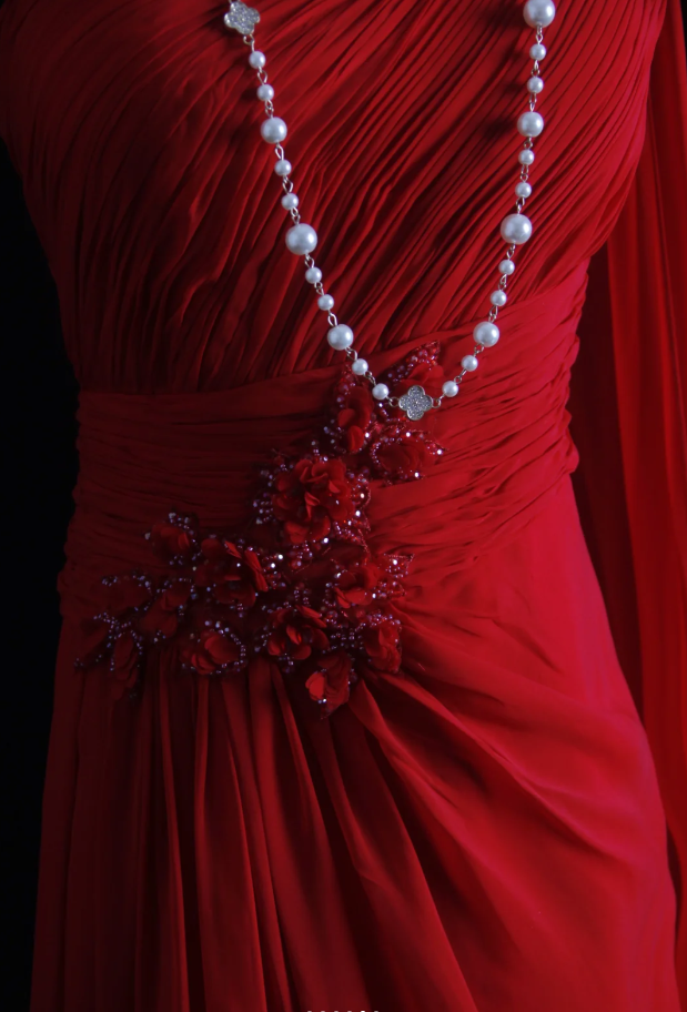 Classy Red One Chiffon Pleated Beaded Mermaid Long Evening Dress Formal Wedding Guest Dress