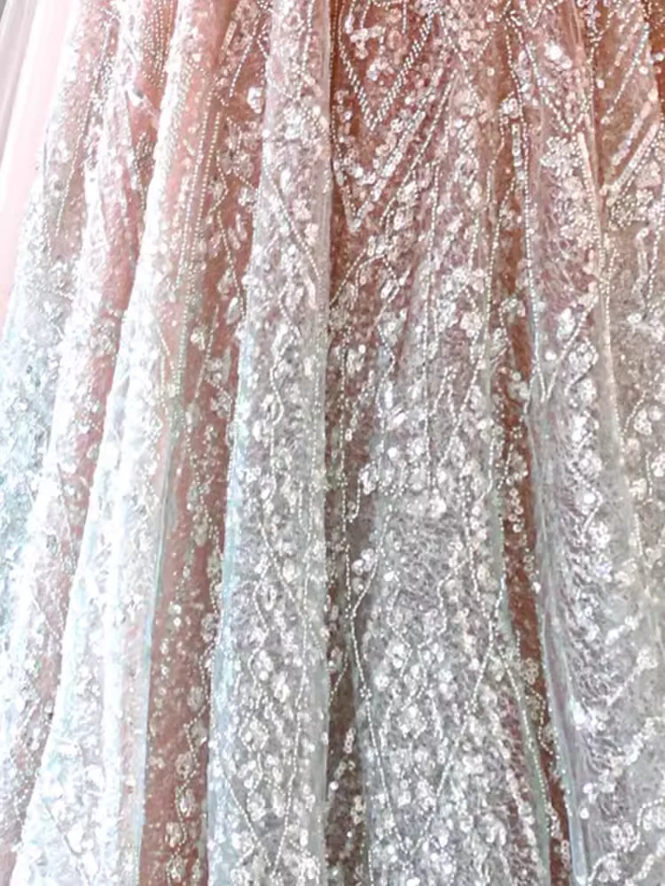 A Line High Neckline Sequin Long Evening Dress Beads Prom Dress