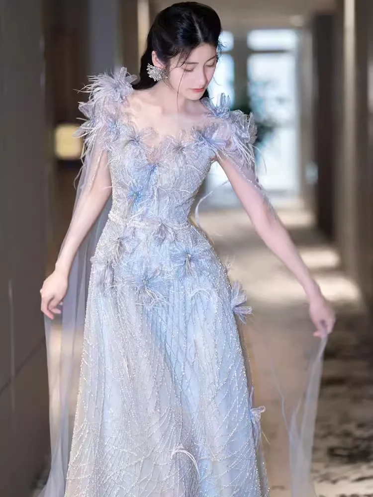 A line Straps Sequin Beads Long Evening Dress Prom Dresses With Flowers