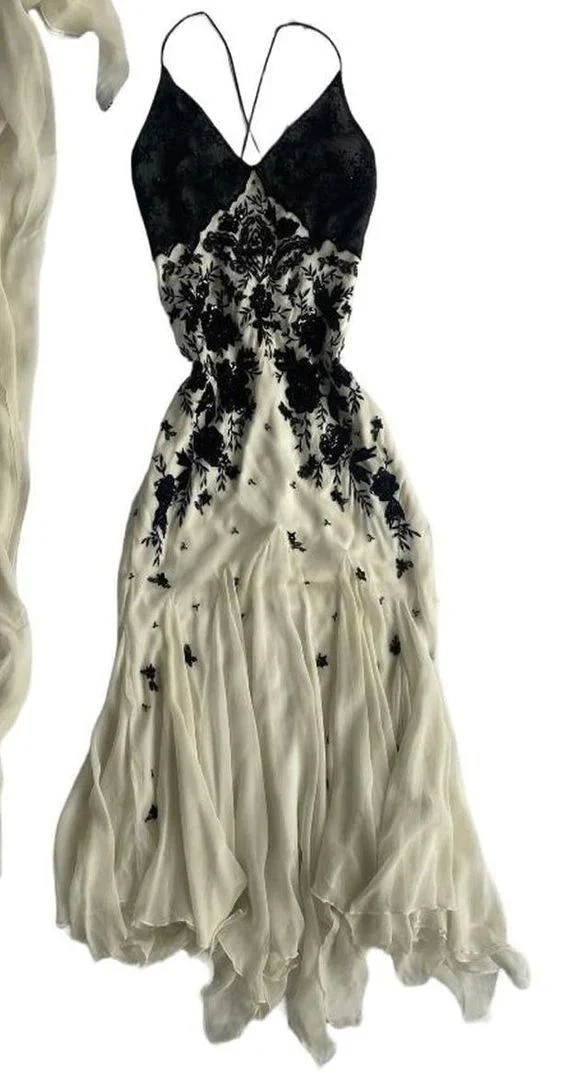 Champagne Spaghetti Straps Chiffon Lace Prom Dress, Long Evening Dress
