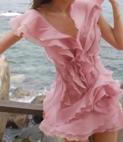 Classy V Neck Pink Chiffon Ruffle Short Cocktail Dress Homecoming Dress